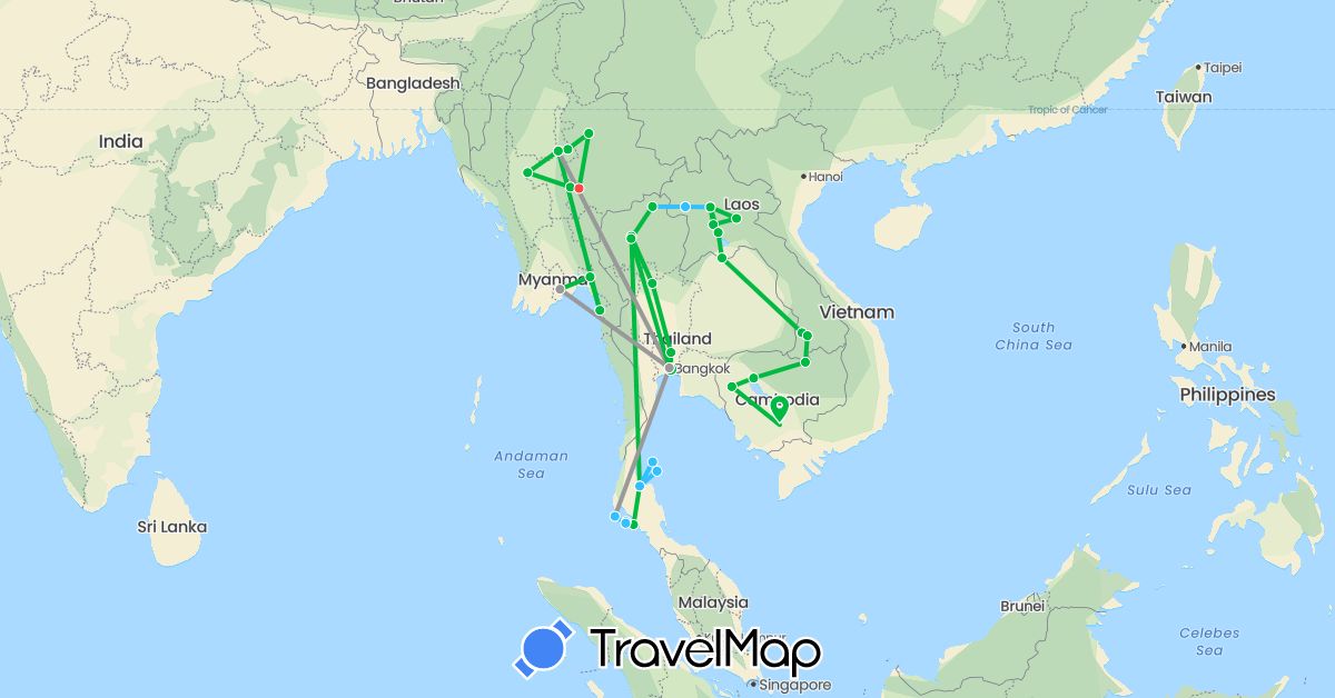 TravelMap itinerary: driving, bus, plane, hiking, boat in Cambodia, Laos, Myanmar (Burma), Thailand (Asia)